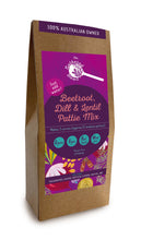 Load image into Gallery viewer, Beetroot, Dill and Lentil Pattie Mix made by The Gathered Bowl. Organic, Vegan, Vegetarian, Plant Based Protein, Wheat Free, Plastic Free Packaging, Nutrient Dense and made from Wholefoods. Just add water to the Mix, sit for 5 minutes then fry in a little oil. Some serving suggestions are Veggie burgers, in a wrap or as a tasty addition to a salad. www.thegatheredbowl.com.au
