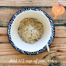 Load image into Gallery viewer, Polenta & Garlic Pattie Mix made by The Gathered Bowl. Organic, Vegan, Vegetarian, Plant Based Protein, Wheat Free, Plastic Free Packaging, Nutrient Dense and made from Wholefoods. Just add water to the Mix, sit for 5 minutes then fry in a little oil. Some serving suggestions are Veggie burgers, in a wrap or as a tasty addition to a salad. www.thegatheredbowl.com.au