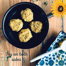 Load image into Gallery viewer, Almond & Turmeric Pattie Mix made by The Gathered Bowl. Organic ingredients, Vegan, Vegetarian, Plant Based Protein, Wheat Free, Nutrient Dense and contrains Wholefoods. Just add water, sit for 5mins then fry. Try them in Vegie burgers, wraps or salads. www.thegatheredbowl.com.au