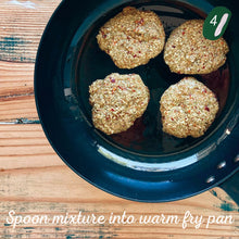 Load image into Gallery viewer, Mungbean, Fennel & Chilli Pattie Mix made by The Gathered Bowl. Organic, Vegan, Vegetarian, Plant Based Protein, Wheat Free, Plastic Free Packaging, Nutrient Dense and made from Wholefoods. Just add water to the Mix, sit for 5 minutes then fry in a little oil. Some serving suggestions are Veggie burgers, in a wrap or as a tasty addition to a salad. This Pattie has a nice chilli kick! www.thegatheredbowl.com.au