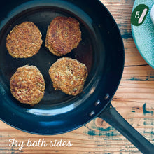 Load image into Gallery viewer, Mungbean, Fennel & Chilli Pattie Mix made by The Gathered Bowl. Organic, Vegan, Vegetarian, Plant Based Protein, Wheat Free, Plastic Free Packaging, Nutrient Dense and made from Wholefoods. Just add water to the Mix, sit for 5 minutes then fry in a little oil. Some serving suggestions are Veggie burgers, in a wrap or as a tasty addition to a salad. This Pattie has a nice chilli kick! www.thegatheredbowl.com.au