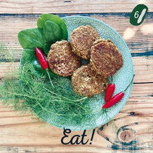 Load image into Gallery viewer, Mungbean, Fennel & Chilli Pattie Mix made by The Gathered Bowl. Organic, Vegan, Vegetarian, Plant Based Protein, Wheat Free, Plastic Free Packaging, Nutrient Dense and made from Wholefoods. Just add water to the Mix, sit for 5 minutes then fry in a little oil. Some serving suggestions are Veggie burgers, in a wrap or as a tasty addition to a salad. This Pattie has a nice chilli kick! www.thegatheredbowl.com.au