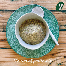 Load image into Gallery viewer, Mungbean, Fennel & Chilli Pattie Mix made by The Gathered Bowl. Organic, Vegan, Vegetarian, Plant Based Protein, Wheat Free, Plastic Free Packaging, Nutrient Dense and made from Wholefoods. Just add water to the Mix, sit for 5 minutes then fry in a little oil. Some serving suggestions are Veggie burgers, in a wrap or as a tasty addition to a salad. This Pattie has a nice chilli kick! www.thegatheredbowl.com.au