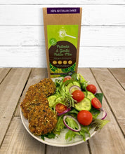 Load image into Gallery viewer, The Gathered Bowl Polenta &amp; Garlic Pattie Mix. Delicious organic wholefood burger Mix that can be made in around 15 minutes, Just add water and cook. Serve with wrap, salad or on a grazing platter. These Mixes are packed in 100% home compostable eco friendly packaging. Sustainable, zero waste product with a clean ingredients list.
