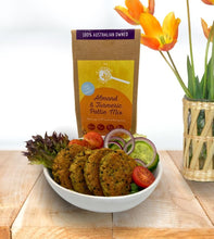 Load image into Gallery viewer, The Gathered Bowl&#39;s Almond and Turmeric Pattie Mix. Organic wholefood Mixes that are easy to make and a taste sensation. Vegan, vegetarian, wheat free and packaged in 100% home compostable packaging. Ready in 15 minutes. Just add water and fry. Serve with your favourite salad, on a burger bun, in a wrap or on a grazing platter. Food that is good for you and the environment. www.thegatheredbowl.com.au
