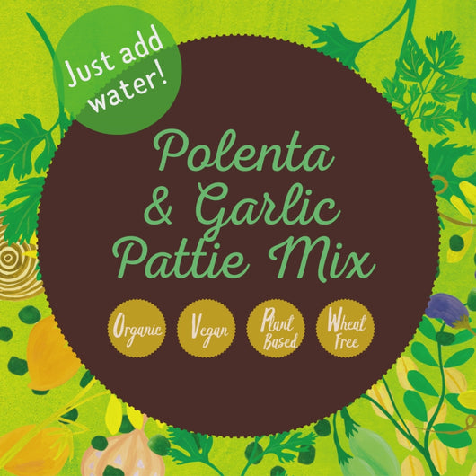 Polenta & Garlic Pattie Mix created by The gathered Bowl is so simple to make. Just add water wait 5 minutes then fry. You can prepare these and create a simple salad in 15 minutes. Eating healthy food doesn't need to be complicated. We use organic, whole food ingredients. Wheat free (contain oats), Vegan burger, vegetarian and packed in 100% home compostable packaging.