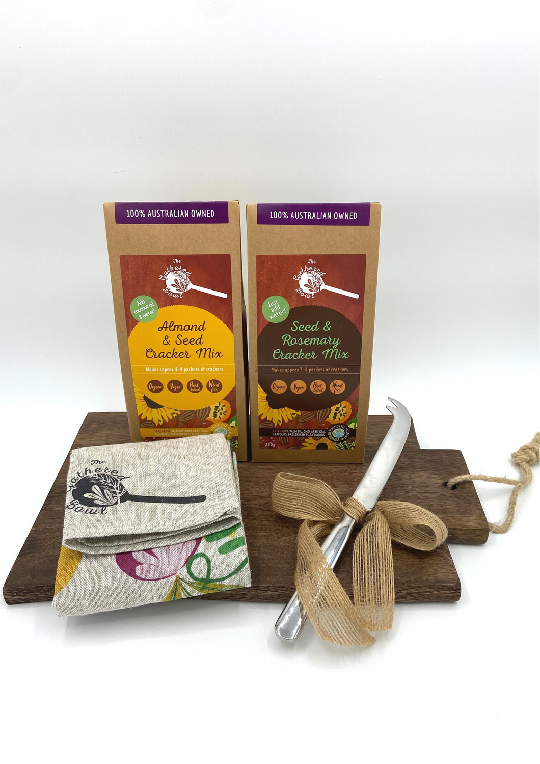 The Gathered Bowl Cracker Mixes, Tea Towel and Cheese Board Gift Hamper