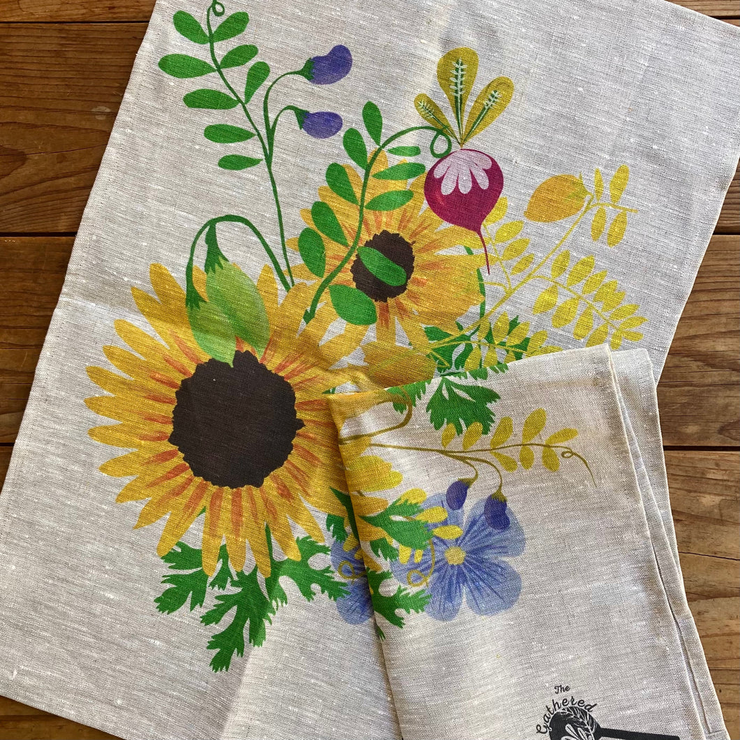 The Gathered Bowl 100% linen Tea Towel designed and printed in Australia. A beautiful design featuring sunflowers beetroot and other ingredients featured in the Pattie Mix's.