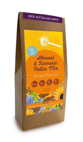 Almond & Turmeric Pattie Mix made by The Gathered Bowl. Organic ingredients, Vegan, Vegetarian, Plant Based Protein, Wheat Free, Nutrient Dense and contrains Wholefoods. Just add water, sit for 5mins then fry. Try them in Vegie burgers, vegan burger, wraps or salads. www.thegatheredbowl.com.au