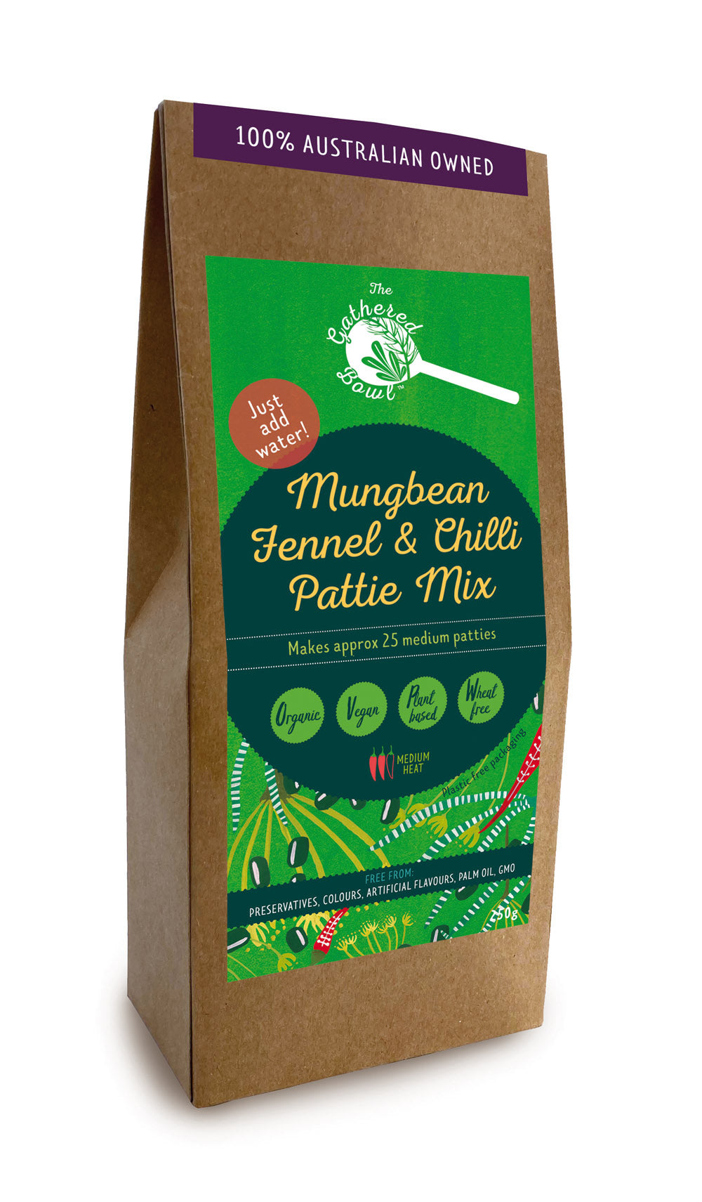 Mungbean, Fennel & Chilli Pattie Mix made by The Gathered Bowl. Organic, Vegan, Vegetarian, Plant Based Protein, Wheat Free, Plastic Free Packaging, Nutrient Dense and made from Wholefoods. Just add water to the Mix, sit for 5 minutes then fry in a little oil. Some serving suggestions are Veggie burgers, in a wrap or as a tasty addition to a salad. This Pattie has a nice chilli kick! www.thegatheredbowl.com.au