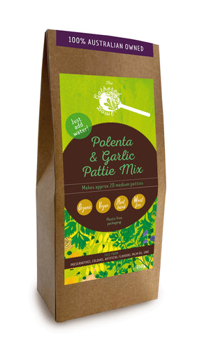 Polenta & Garlic Pattie Mix made by The Gathered Bowl. Organic, Vegan, Vegetarian, Plant Based Protein, Wheat Free, Plastic Free Packaging, Nutrient Dense and made from Wholefoods. Just add water to the Mix, sit for 5 minutes then fry in a little oil. Some serving suggestions are Veggie burgers, in a wrap or as a tasty addition to a salad. www.thegatheredbowl.com.au