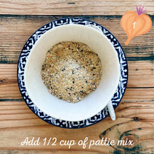 Load image into Gallery viewer, Polenta &amp; Garlic Pattie Mix made by The Gathered Bowl. Organic, Vegan, Vegetarian, Plant Based Protein, Wheat Free, Plastic Free Packaging, Nutrient Dense and made from Wholefoods. Just add water to the Mix, sit for 5 minutes then fry in a little oil. Some serving suggestions are Veggie burgers, in a wrap or as a tasty addition to a salad. www.thegatheredbowl.com.au
