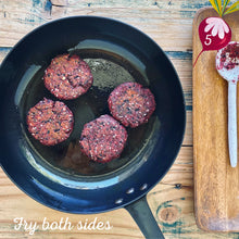 Load image into Gallery viewer, Beetroot, Dill and Lentil Pattie Mix made by The Gathered Bowl. Organic, Vegan, Vegetarian, Plant Based Protein, Wheat Free, Plastic Free Packaging, Nutrient Dense and made from Wholefoods. Just add water to the Mix, sit for 5 minutes then fry in a little oil. Some serving suggestions are Veggie burgers, in a wrap or as a tasty addition to a salad. www.thegatheredbowl.com.au
